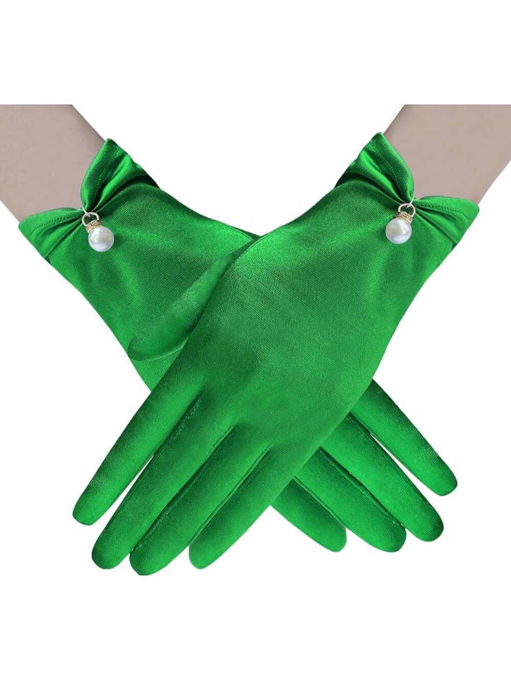 Women Green Elegant Pearl Short Opera Dinner Halloween Floral Lace Gloves